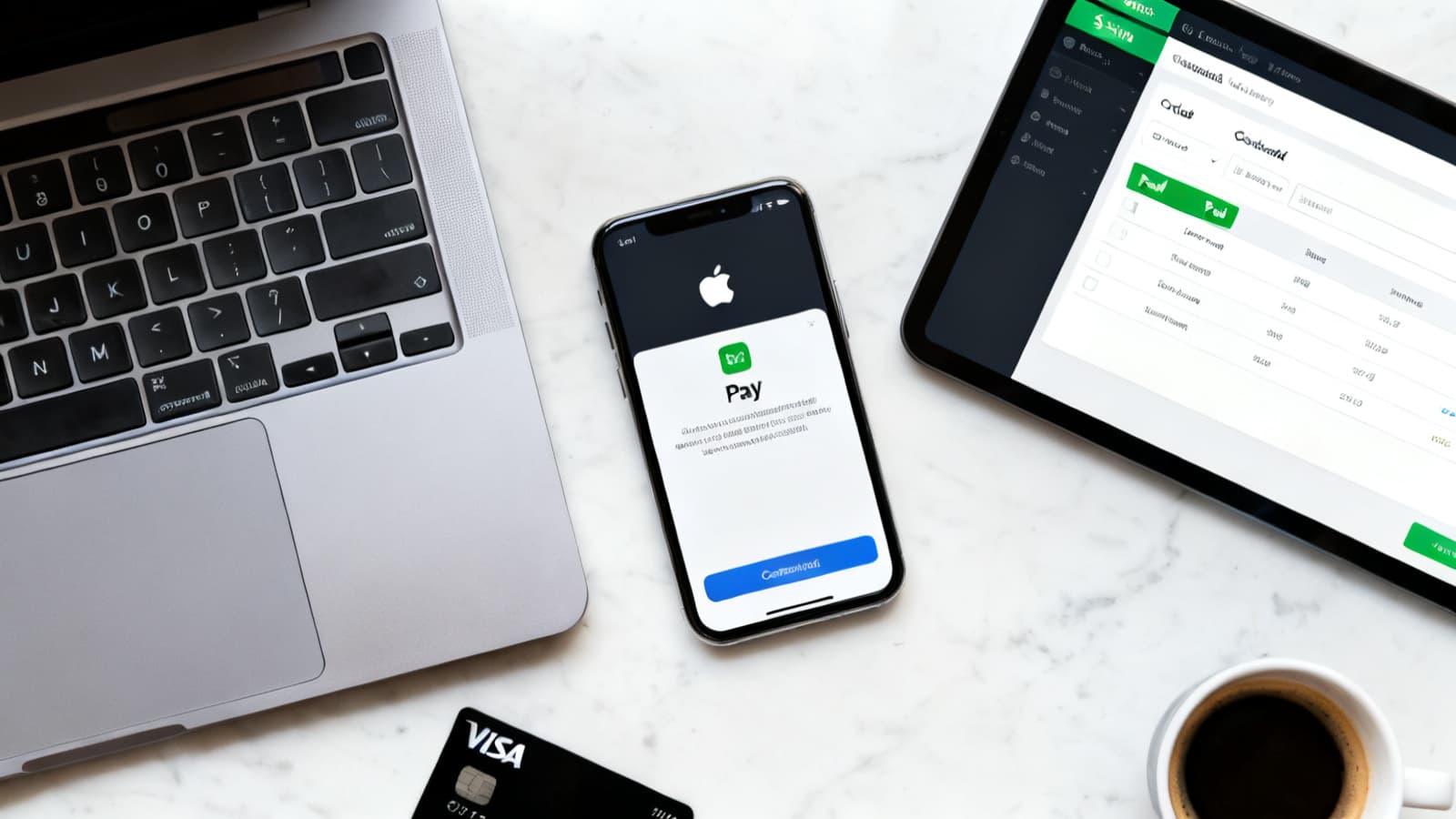 Close-up of a clean modern e-commerce checkout page on a Retina laptop display showing Apple Pay, Visa, Mastercard, and American Express buttons above a hosted PeptidePay payment session, with a hardware crypto wallet and a black credit card on a light wood desk — the credit card UX for a peptide shop.