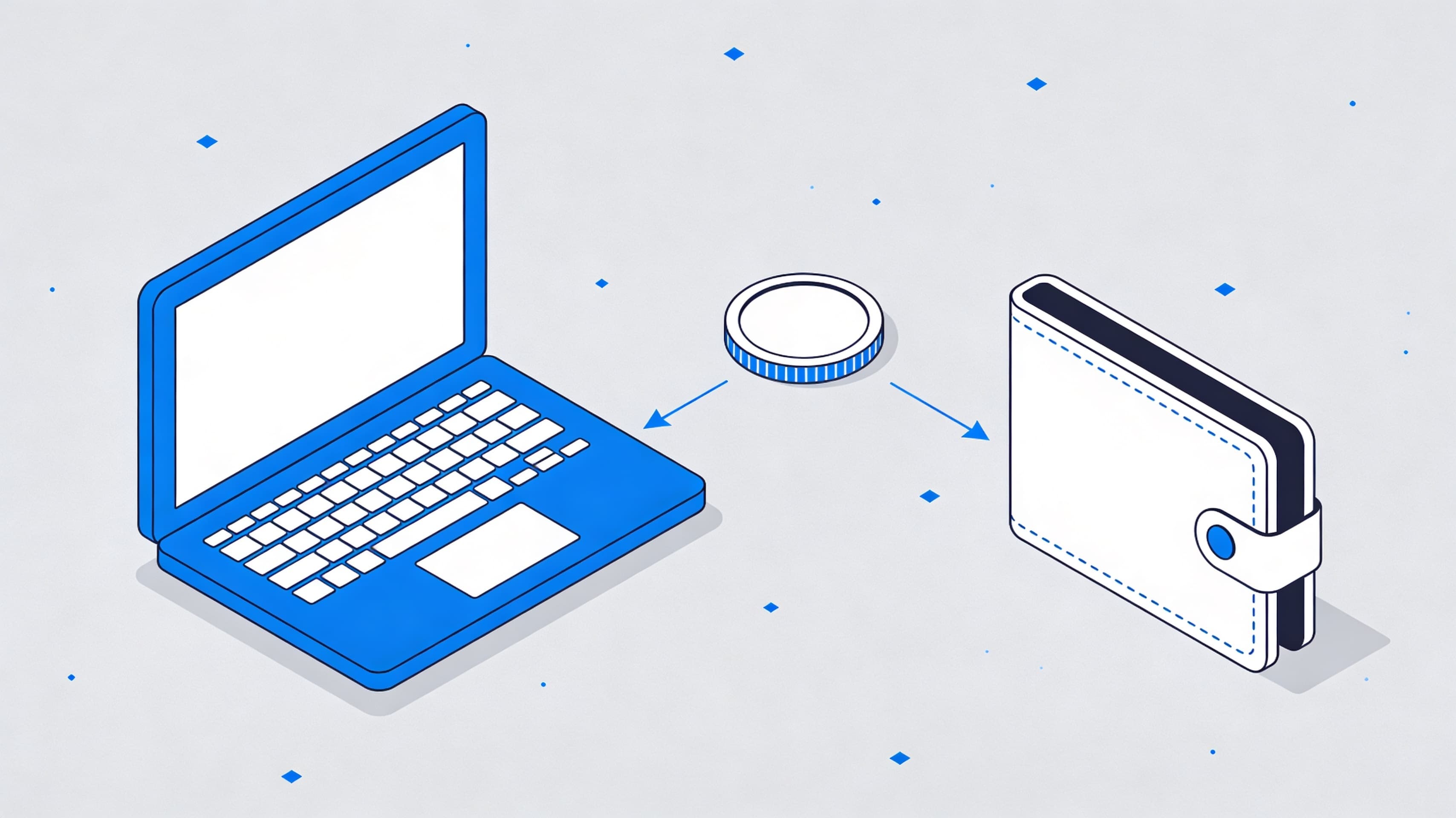 Flat-lay macro shot of a MacBook Pro showing a clean TypeScript code editor on the left, a Polygon blockchain explorer on the right with a recent USDC transfer highlighted, and a hardware wallet (Ledger) resting on a slate desk — the non-custodial crypto payment setup for a peptide merchant.