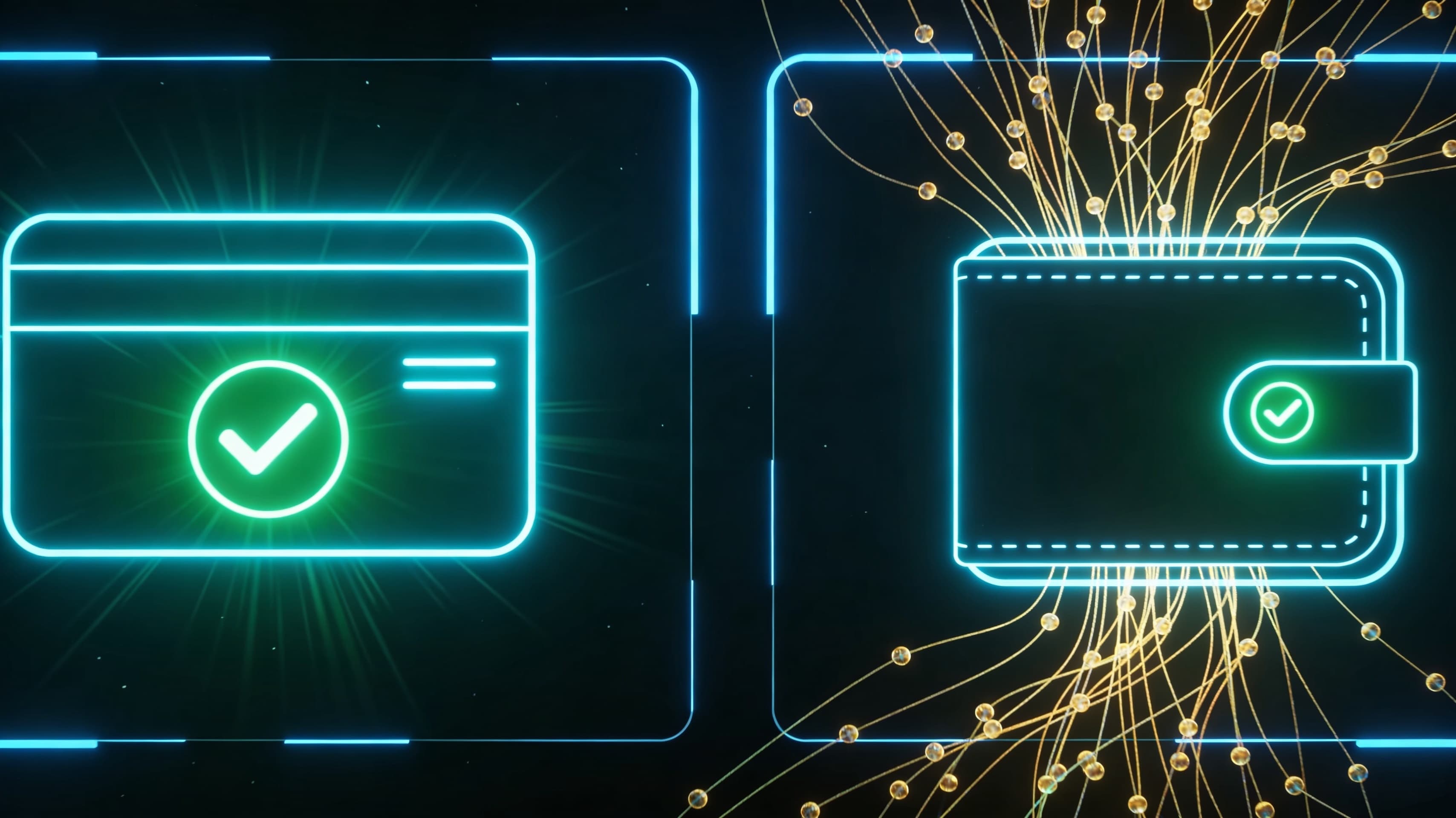 Split-screen dashboard on a wide monitor: left panel shows a Visa card authorization approved under MCC 6051 "Crypto On-Ramp" in green; right panel shows a Polygon block explorer with a USDC transfer landing in a merchant wallet 34 seconds later — the complete fiat-to-crypto payment gateway flow.