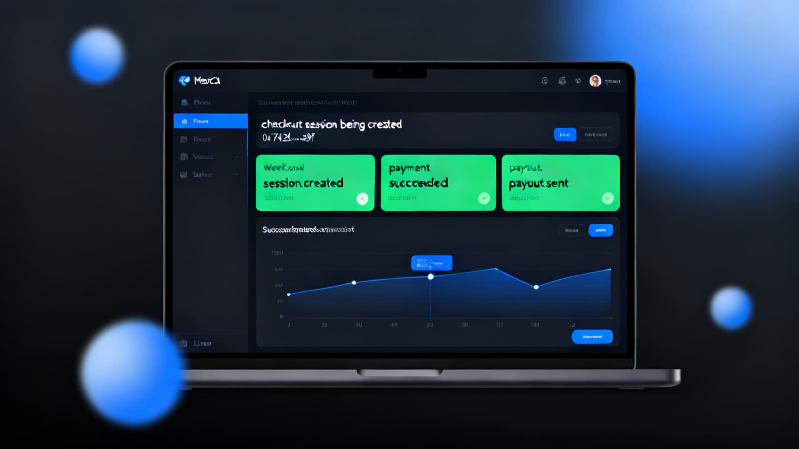 Clean fintech dashboard on a dual-monitor developer workstation showing a high-risk payment gateway integration console with transaction approval rates, MCC code routing, and USDC settlement ledger — the backend view of a peptide e-commerce payment stack.