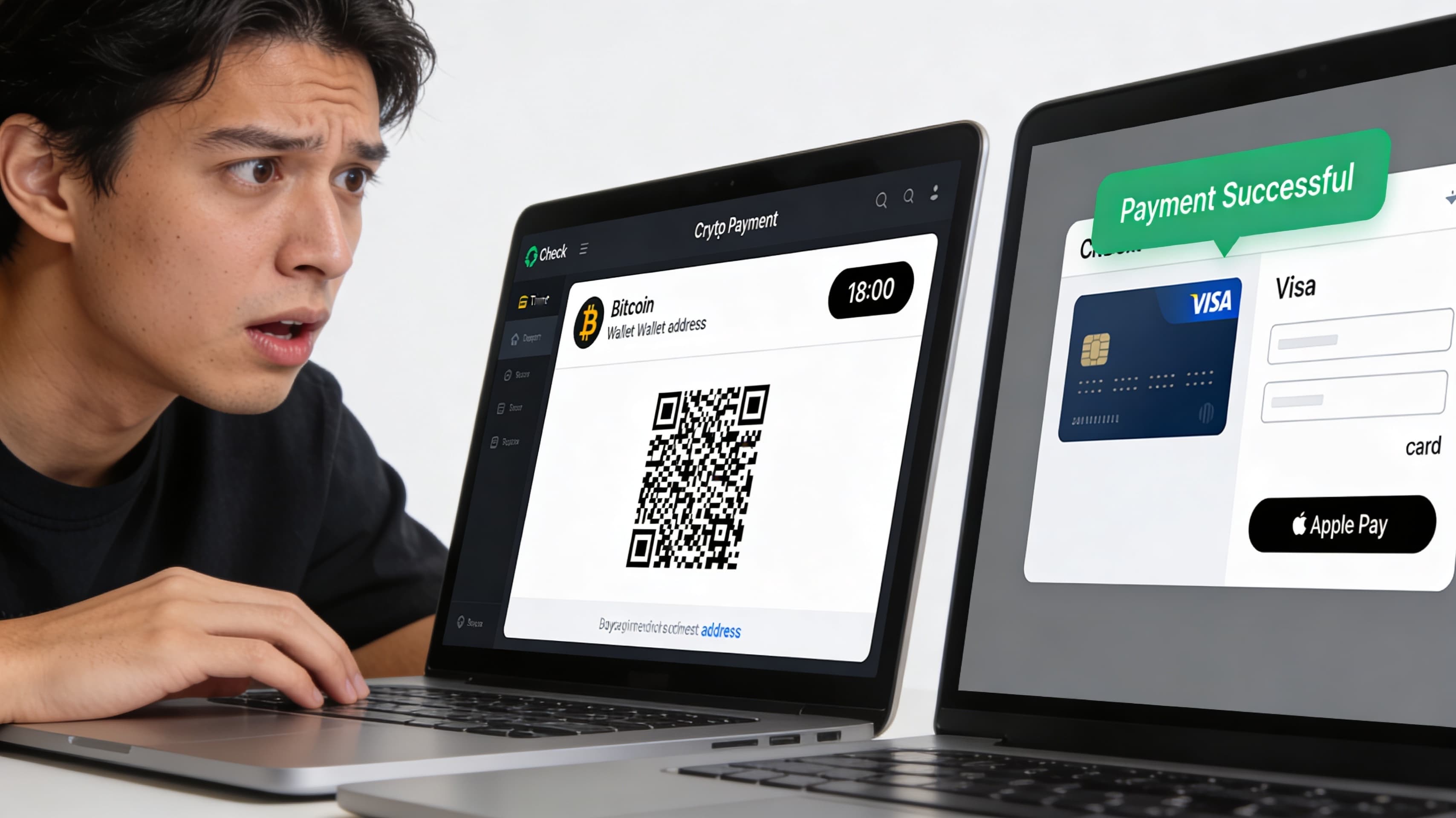 Side-by-side checkout comparison: left shows a NowPayments crypto-address invoice with a countdown timer; right shows a PeptidePay hosted checkout with a Visa card form and Apple Pay button — the UX difference between a crypto-only gateway and a fiat-to-crypto alternative.