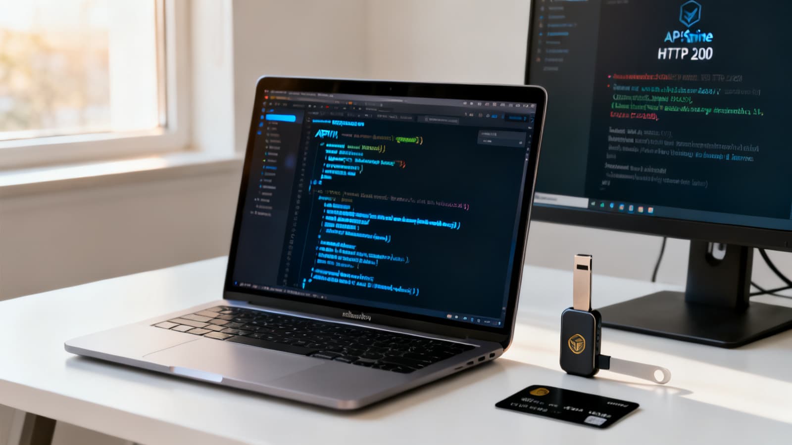 MacBook Pro on a clean white desk showing a TypeScript API integration code editor next to a second monitor displaying an HTTP 200 success response, with a crypto hardware wallet and black credit card on the desk — the developer setup for a peptide payment processor integration.