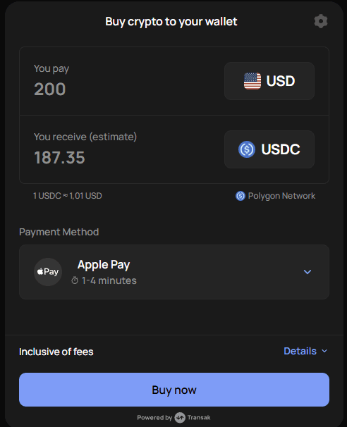 Real Transak checkout: 'Buy crypto to your wallet — You pay 200 USD, You receive 187.35 USDC'. The wallet field is invisible to the customer because Peptide-Pay pre-fills it with the merchant's address.